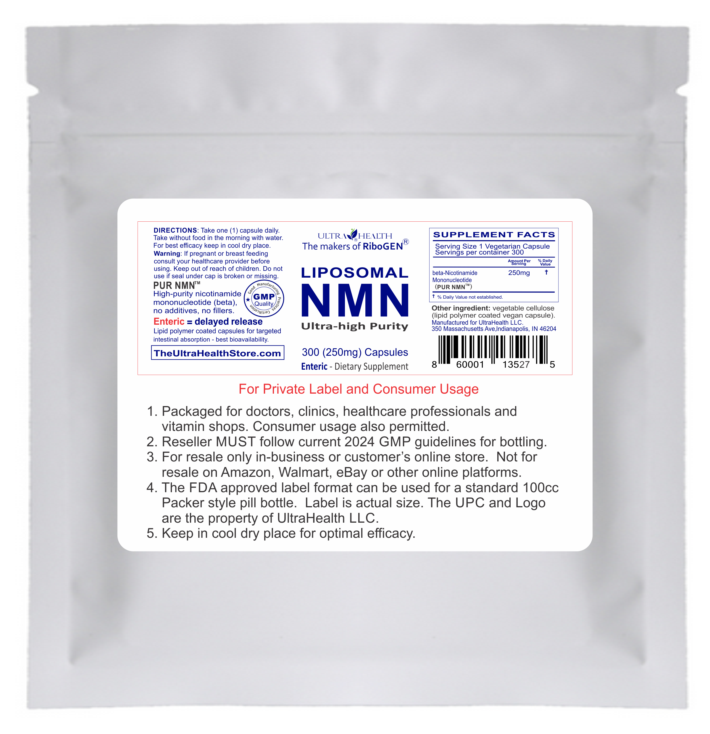 PUR N.M.N 300E, 10-month supply, 250mg, Liposomal NAD+ Boosting Compound