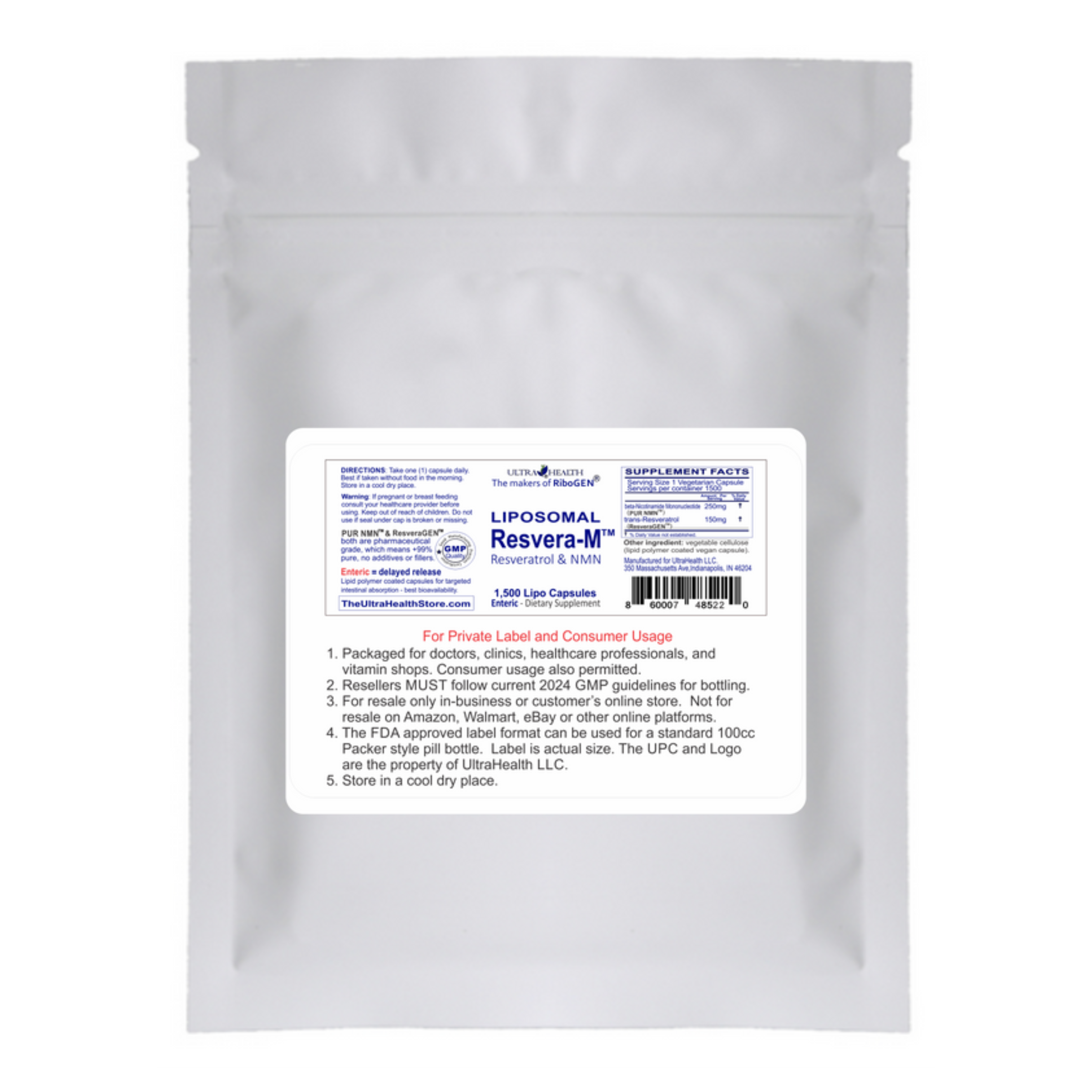 1500E-RM INTL, bulk saver supply, Resveratrol and PUR N.M.N., NAD+ Boosting Supplement, 400mg, Liposomal Enteric Capsules