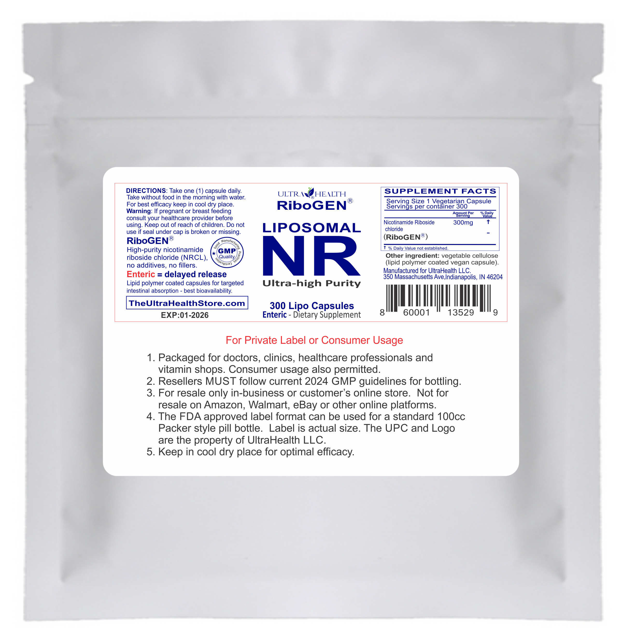 NR 300C ENTERIC (300 capsules), Nicotinamide Riboside (100% RiboGEN) 300mg Vegetarian Capsules for Private Label Supplements