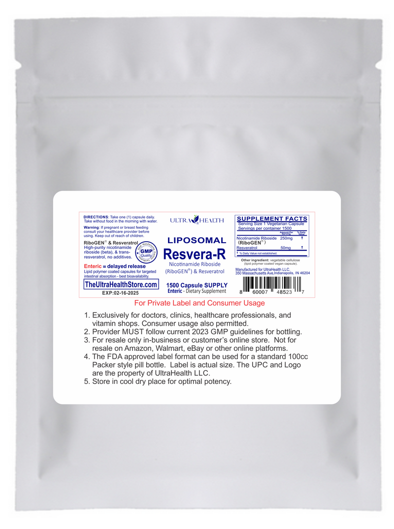1500E-RR, 1500 capsules, Resveratrol and NR, NAD+ Boosting Supplement, 300mg, Liposomal Enteric Capsules