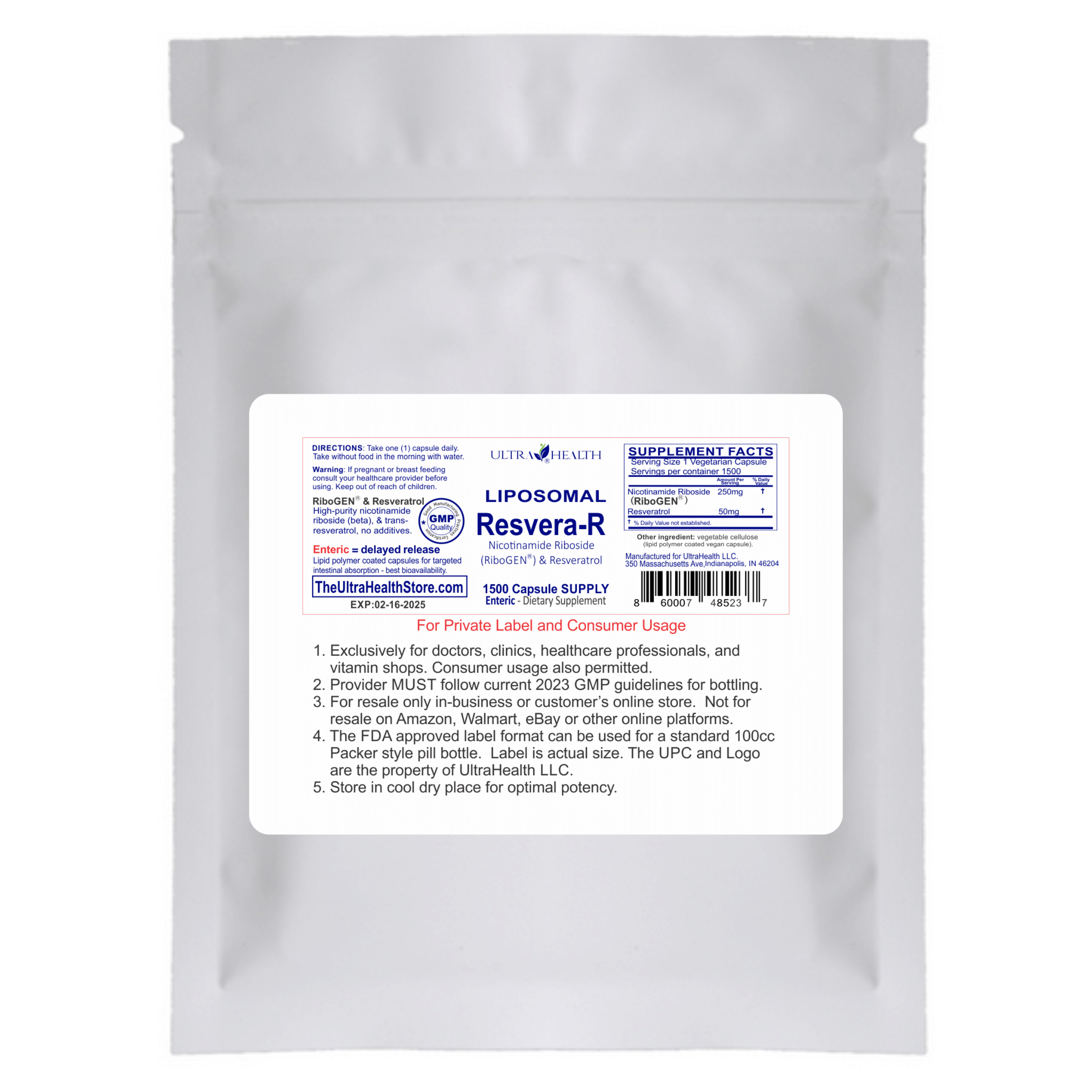 1500E-RR, 1500 capsules, Resveratrol and NR, NAD+ Boosting Supplement, 300mg, Liposomal Enteric Capsules