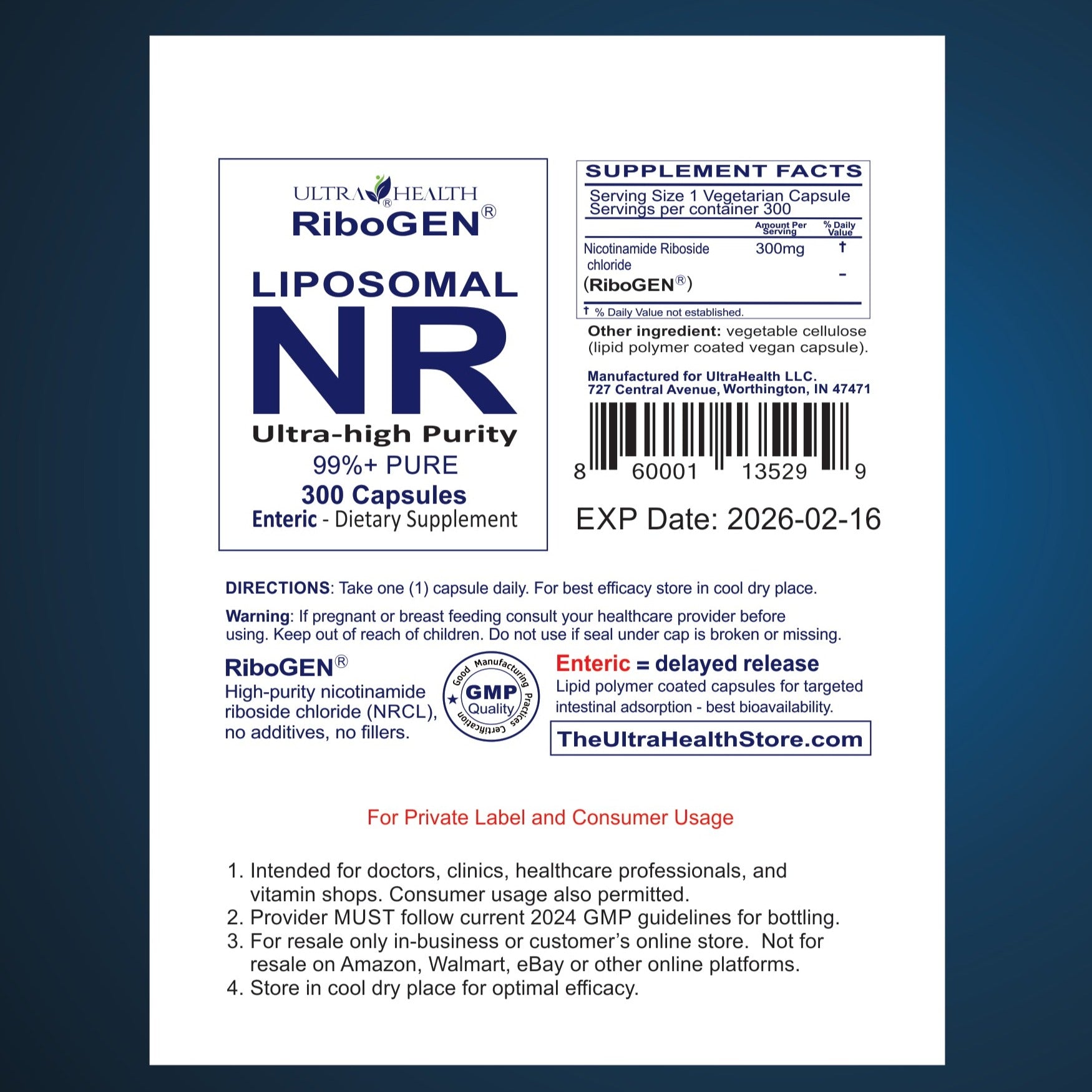 NR 300C ENTERIC (300 capsules), Nicotinamide Riboside (100% RiboGEN) 300mg Vegetarian Capsules for Private Label Supplements