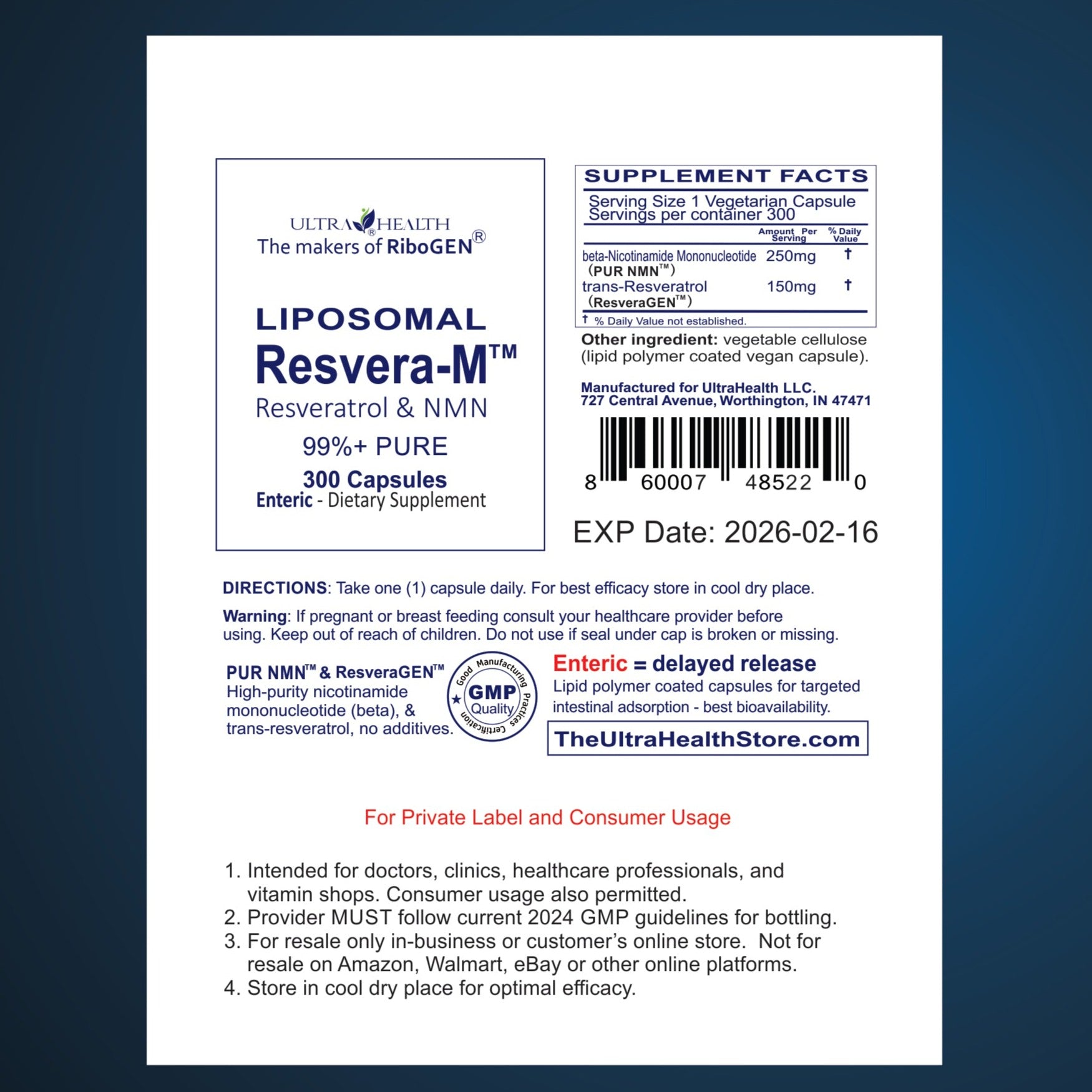 300E-RM, 10-month supply, Resveratrol and PUR N.M.N, NAD+ Boosting Compound, 400mg, Liposomal Enteric Capsules
