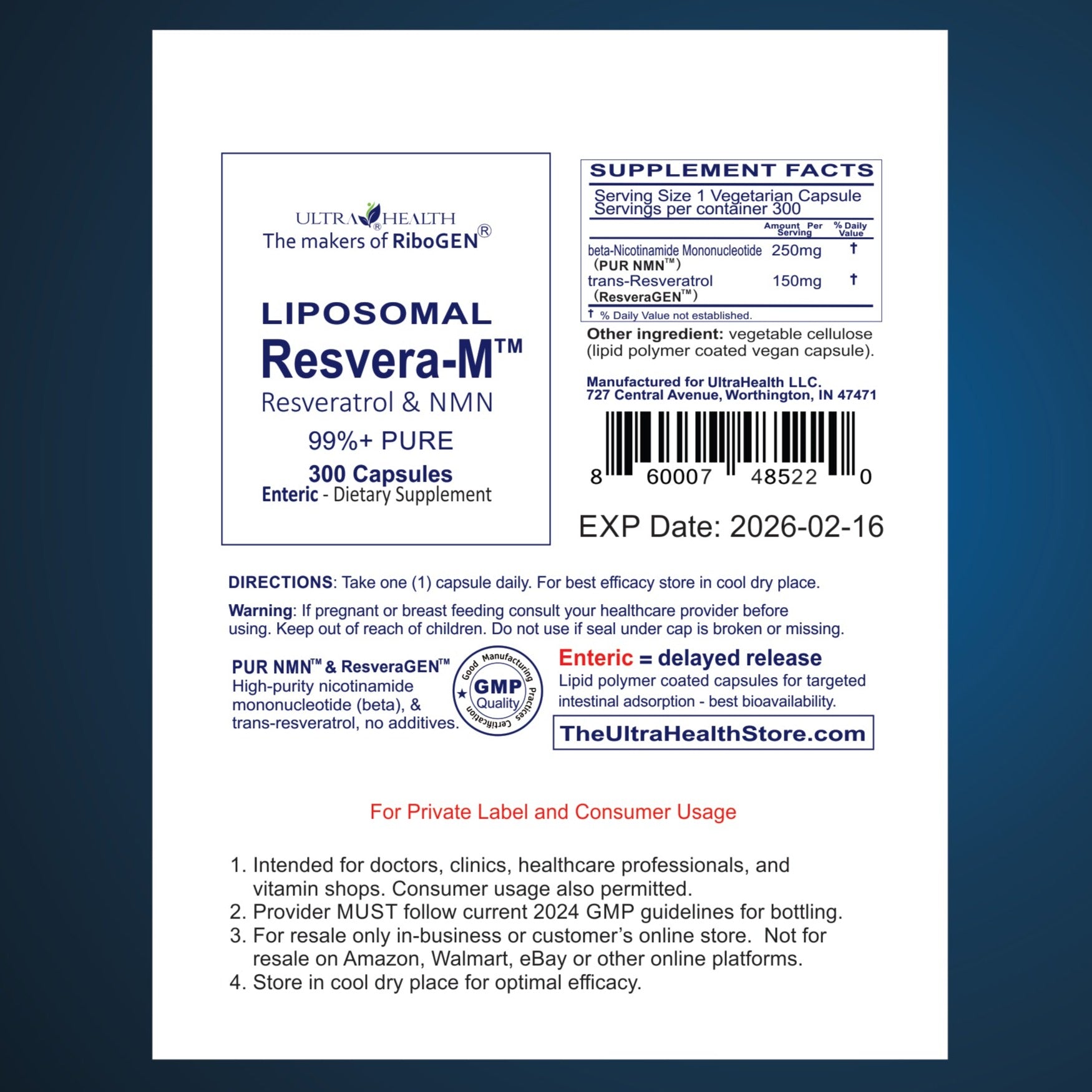 300E-RM INTL, 10-month supply, Resveratrol and PUR N.M.N., NAD+ Boosting Supplement, 400mg, Liposomal Enteric Capsules