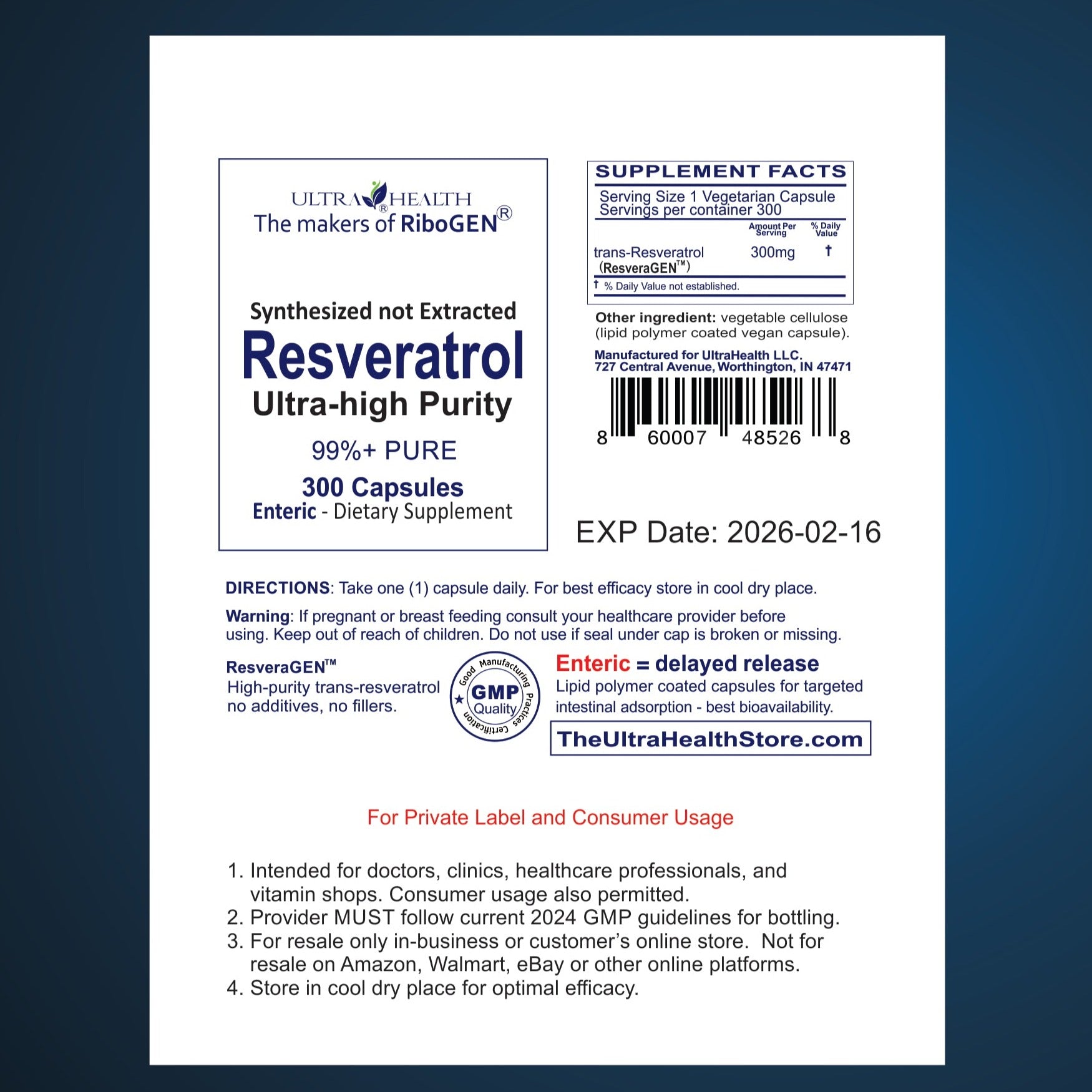 ResveraGEN™ 300C ENTERIC (Resveratrol): Ultra-pure Pharmaceutical Grade 300mg (Resveratrol: CAS No. 501-36-0), 10-Month Supply, not extracted but synthesized, no additives