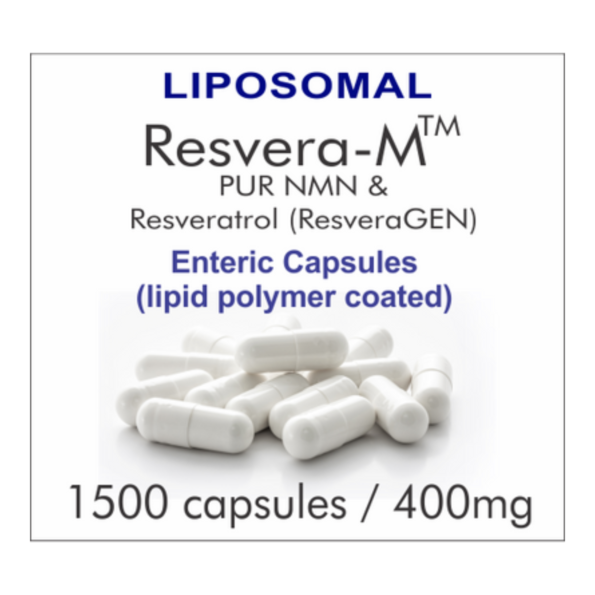 1500E-RM, bulk saver supply, Resveratrol and PUR N.M.N, NAD+ Boosting Compound, 400mg, Liposomal Enteric Capsules