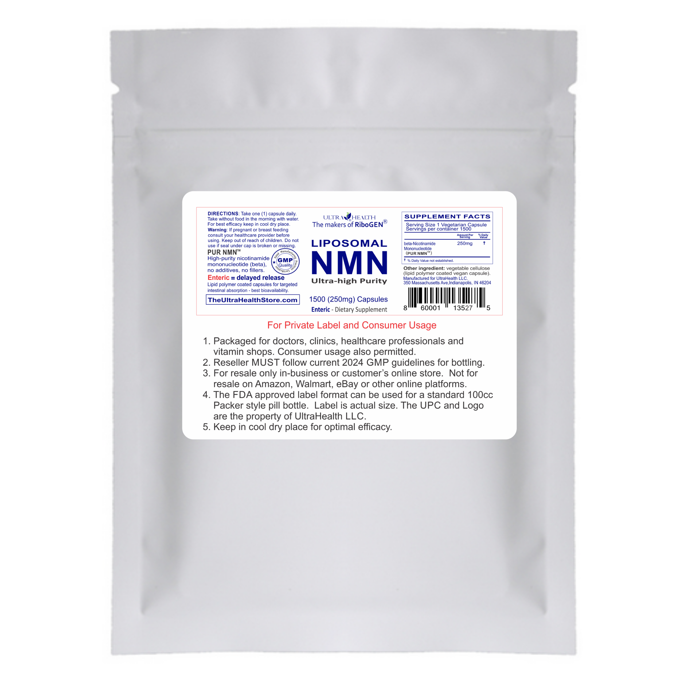 PUR N.M.N. 1500E INTL, 1,500 Bulk Capsules, 250mg, Liposomal NAD+ Boosting Supplement
