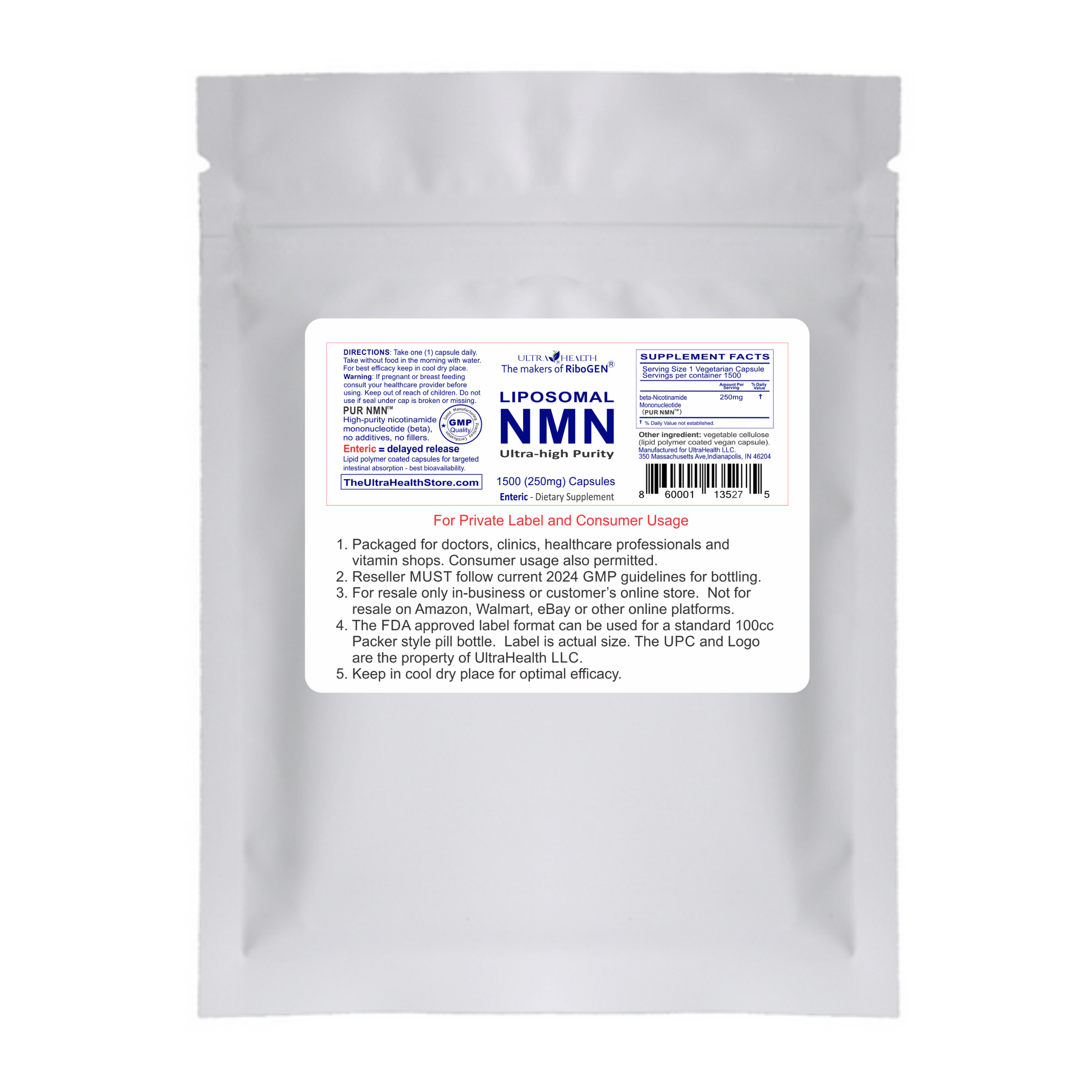 PUR N.M.N 1500E, 1,500 bulk capsules, 250mg, Liposomal NAD+ Boosting compound.