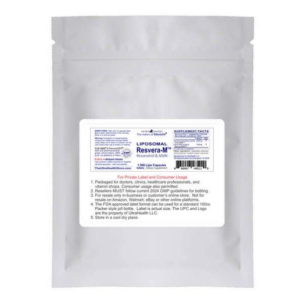 1500E-RM, bulk saver supply, Resveratrol and PUR N.M.N, NAD+ Boosting Compound, 400mg, Liposomal Enteric Capsules