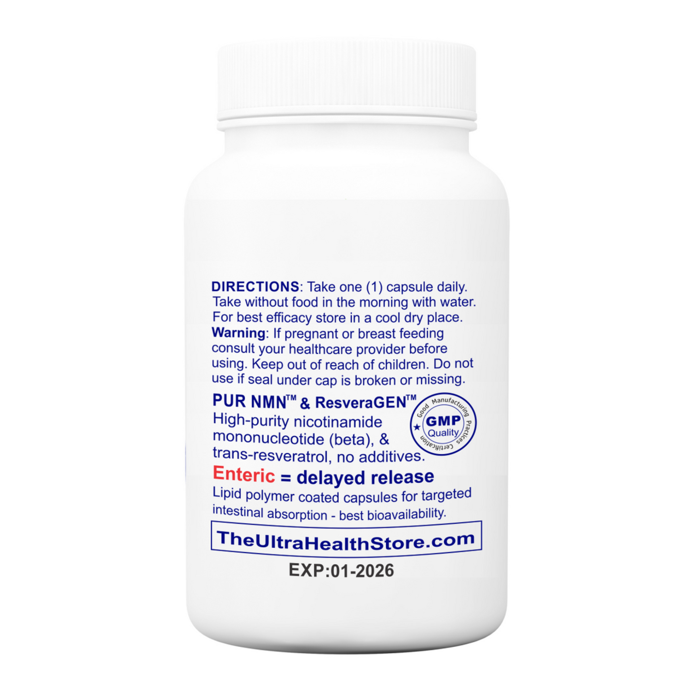 60E-RM INTL, 60-day supply, Resveratrol and PUR NMN, NAD+ Boosting Supplement, 400mg, Liposomal Enteric Capsules