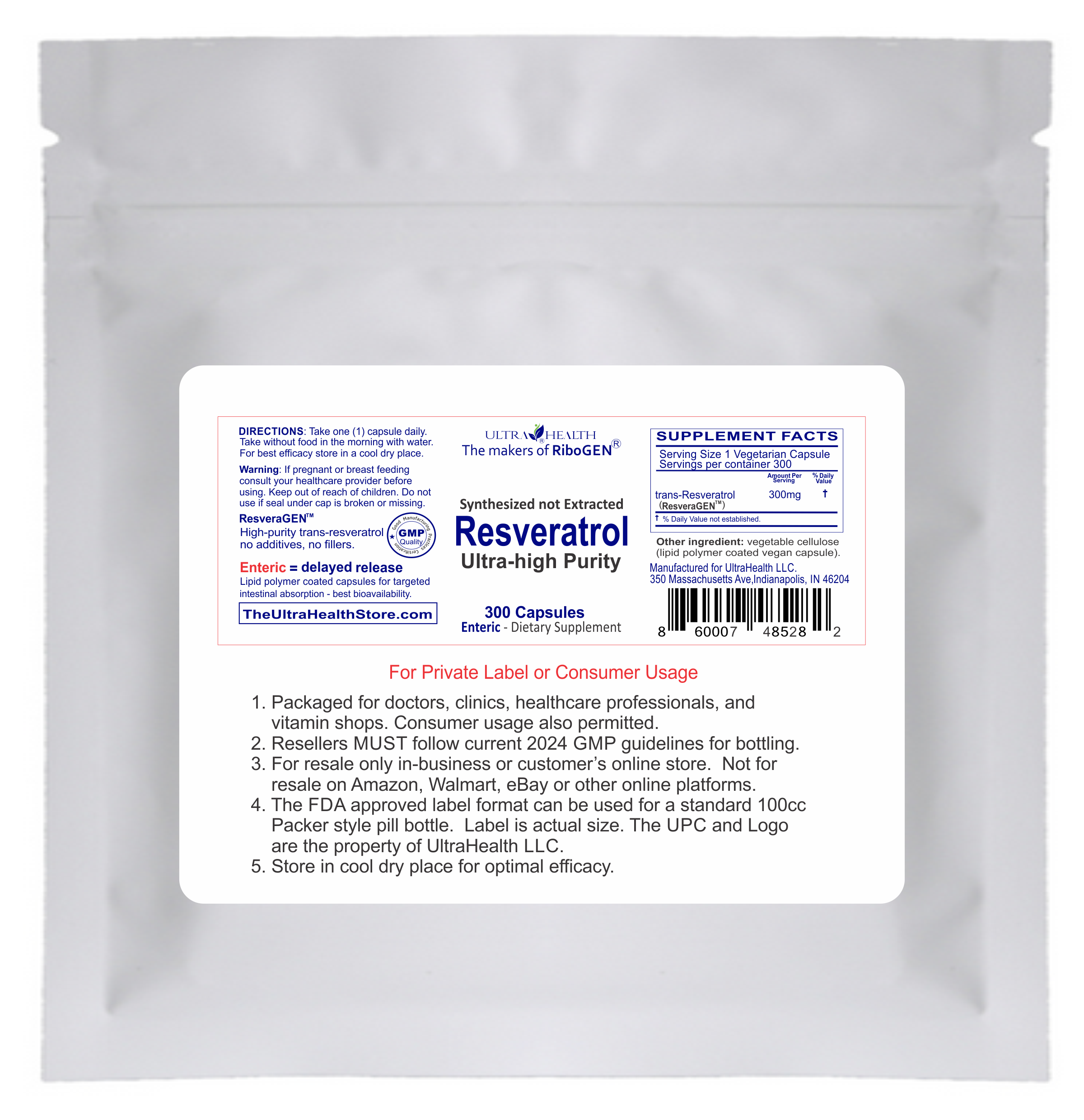 ResveraGEN™ 300C ENTERIC (Resveratrol): Ultra-pure Pharmaceutical Grade 300mg (Resveratrol: CAS No. 501-36-0), 10-Month Supply, not extracted but synthesized, no additives