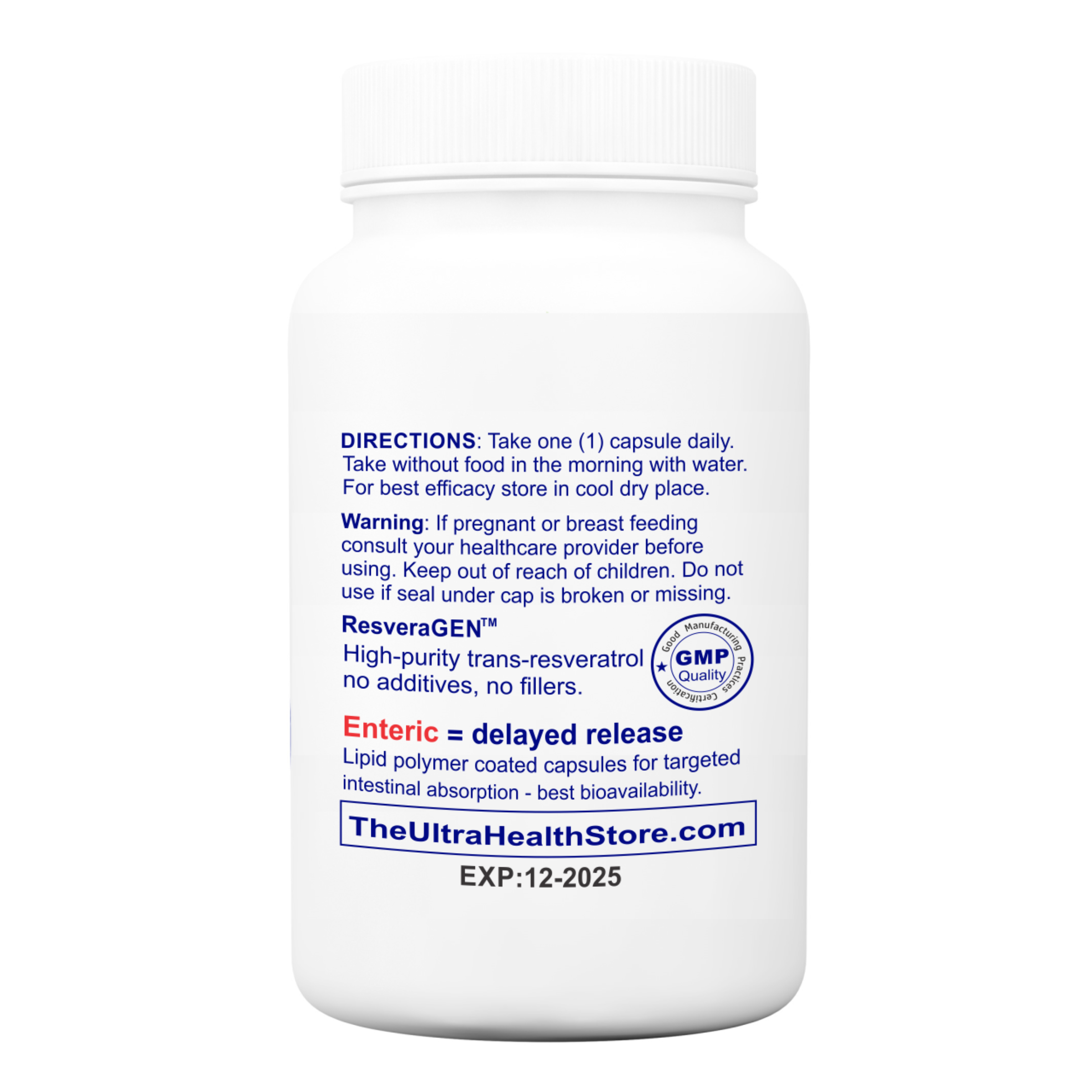 ResveraGEN™ 60 INTL ENTERIC (Resveratrol): Ultra-pure Pharmaceutical Grade 300mg (Resveratrol: CAS No. 501-36-0), 60-Day Supply, not extracted but synthesized, no additives